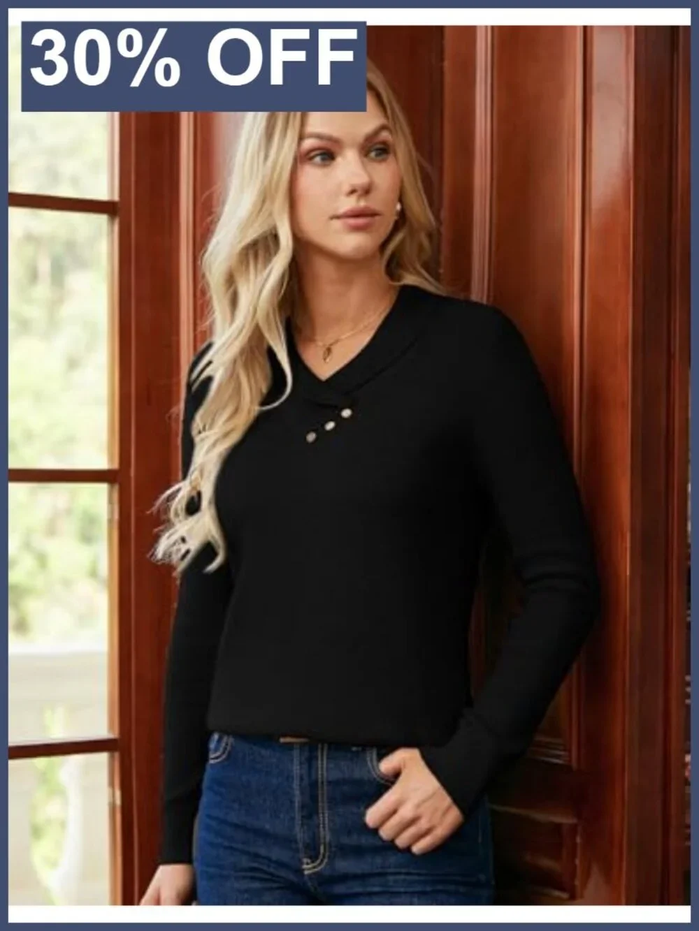 Women Long Sleeve V Neck Collar Knit Pullover Sweater